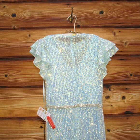 Mac Duggal 26942  Womens SEQUINED HIGH NECK FLUTTER SLEEVE GOWN Dress Blue - Picture 12 of 16